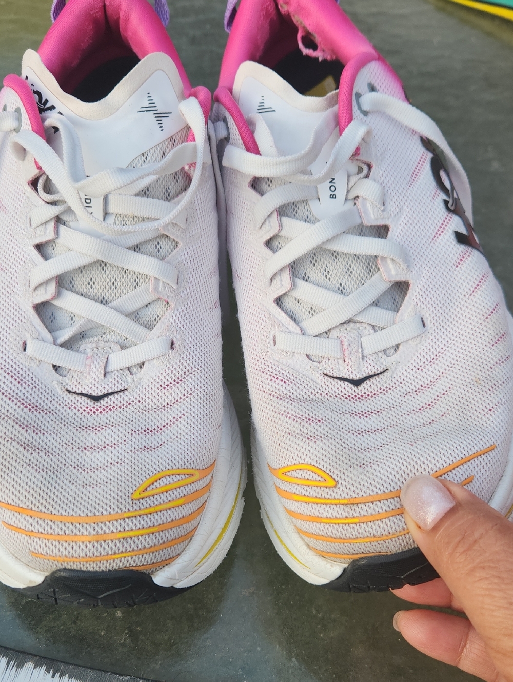 Hoka Women's White Running Shoes with Pink and Yellow Accents